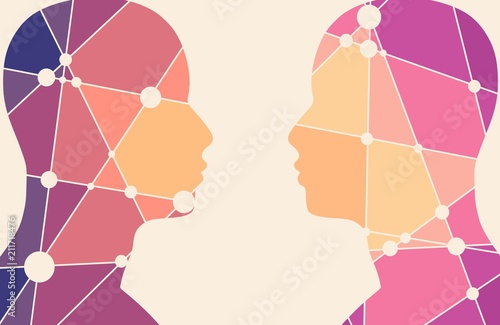 Silhouettes of a humans head. Scientific medical designs. Human communication. Mechanical engineering drawing background. Silhouettes textured by lines and dots pattern