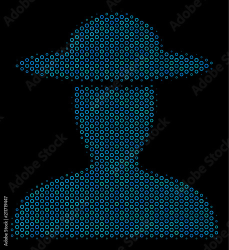 Halftone Farmer person collage icon of circle elements in blue color hues on a black background. Vector circle items are composed into farmer person collage.