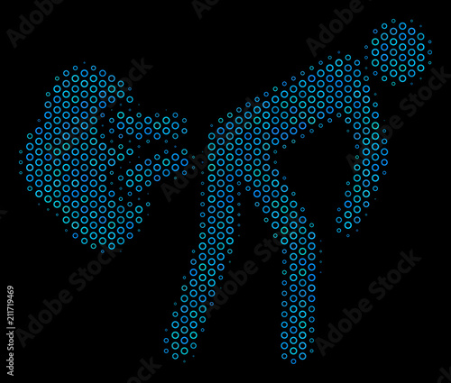 Halftone Fart gases composition icon of circle bubbles in blue color tinges on a black background. Vector spheric points are arranged into fart gases composition.
