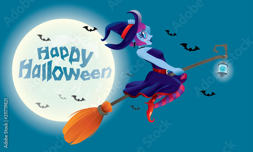 A cute witch flying with her magic broom. With full moon night scene.