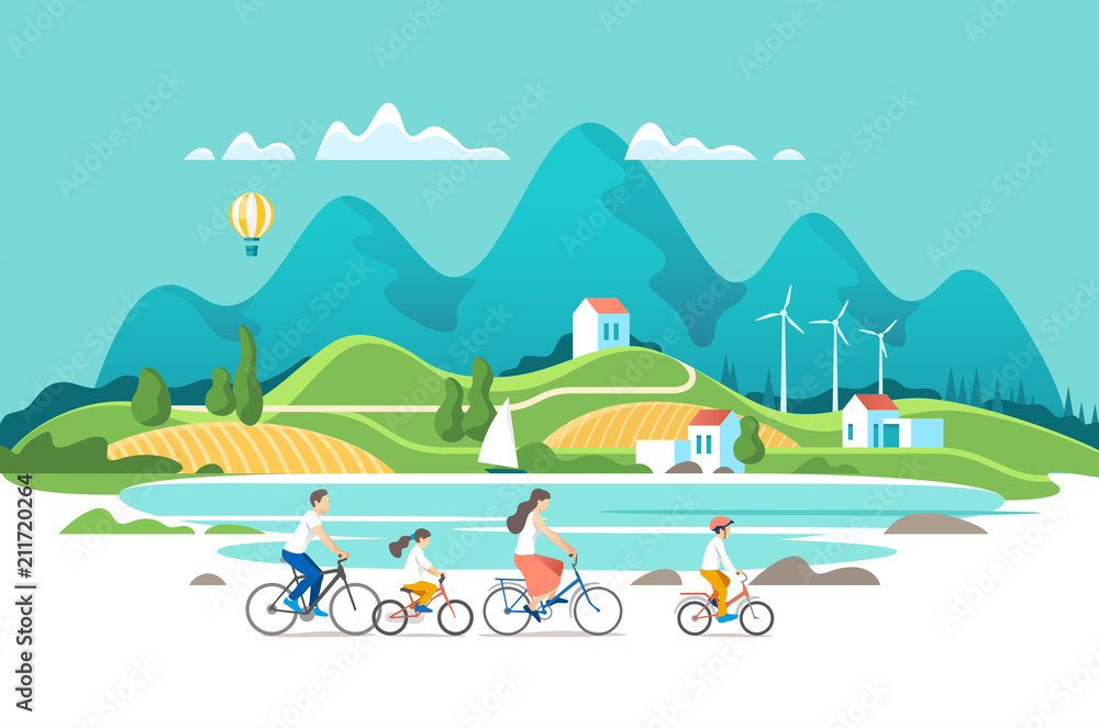Summer vacation. Family are riding on bicycles on the natural landscape background. Vector illustration. - obrazy, fototapety, plakaty 