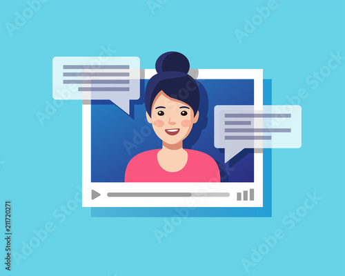 Concept of on-line video chat app, internet talk, call technology. Video player window with speaking woman and messages. Vector illustration.