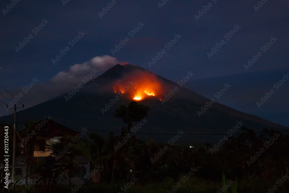Eruption with lave of volcano Agung in Bali, Indonesia