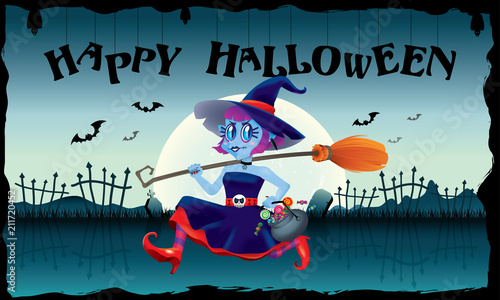A running cute witch, holding a bowl of candies and a magic broom in her hand. With spooky background.