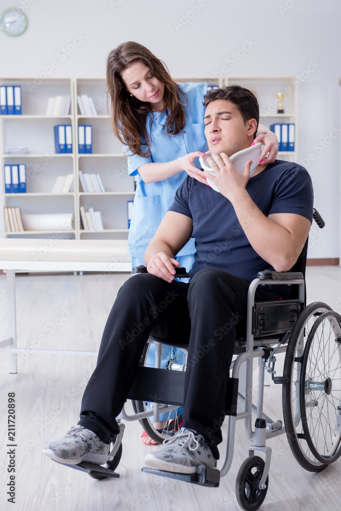 Man with neck injury visiting doctor for check-up Man with neck injury visiting doctor for check-up