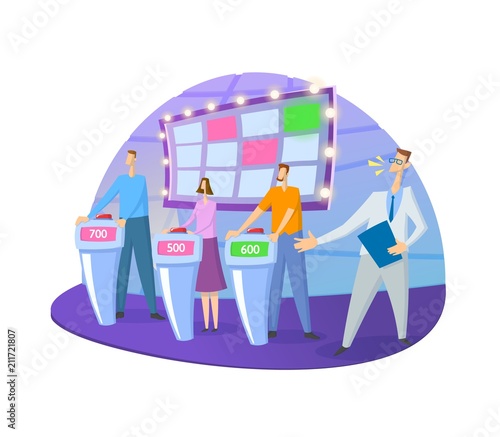 Quiz show TV-studio with host and contestants. Screen, stands and lights. Colorful flat vector illustration. Isolated on white background.