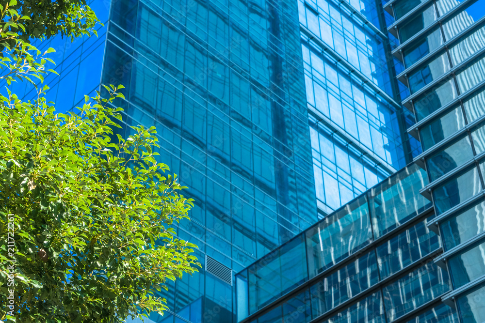 modern office building with green leaves. modern office building with green leaves.