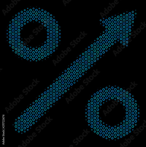 Halftone Growing percent collage icon of spheric bubbles in blue color tones on a black background. Vector circle bubbles are combined into growing percent composition.