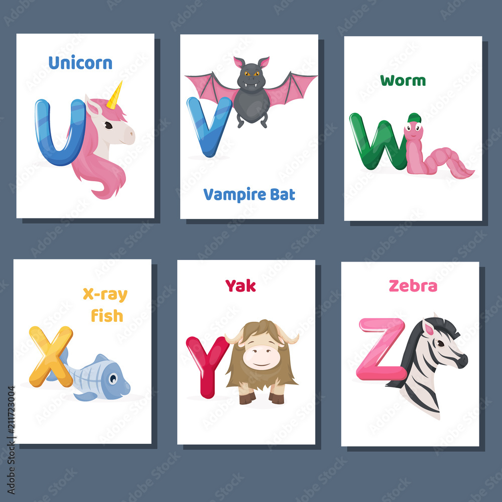 Alphabet printable flashcards vector collection with letter U V W X Y Z.  Zoo animals for english language education. Stock Vector | Adobe Stock