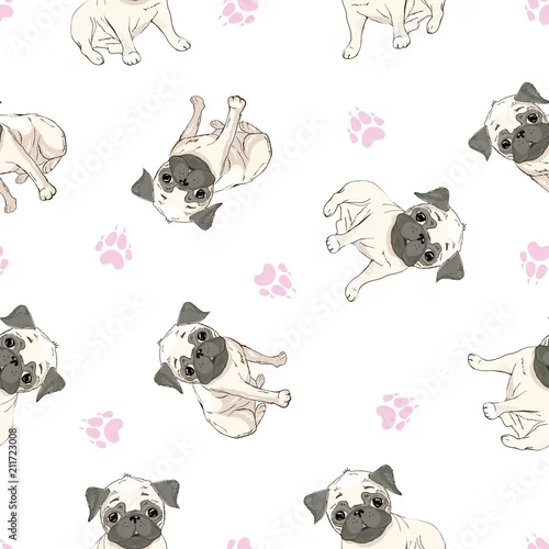 Tapety Wektorowy bezszwowy wzór z ślicznymi kreskówka psa szczeniakami. Może być używany jako tło, tapeta, tkanina i do innego projektu. Wzór Buldog francuski