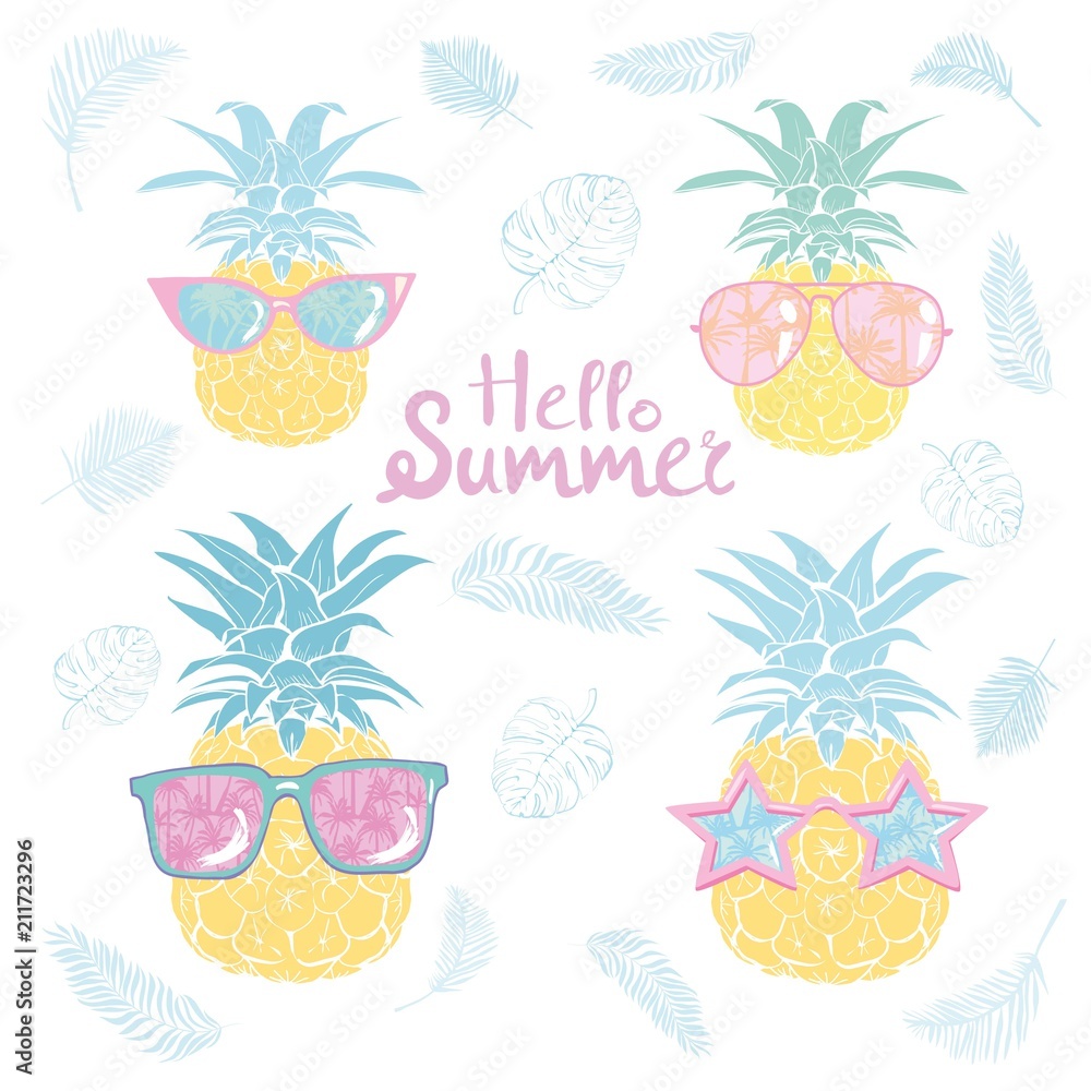 Fototapeta premium pineapple with glasses tropical, vector, illustration, design, exotic, food, fruit