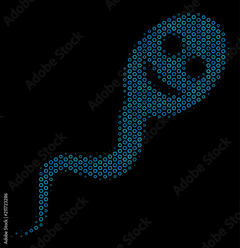 Halftone Happy spermatozoon collage icon of spheric bubbles in blue color tints on a black background. Vector circle bubbles are grouped into happy spermatozoon collage.