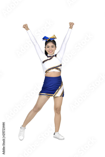 Young asian cheerleader in white and blue suit