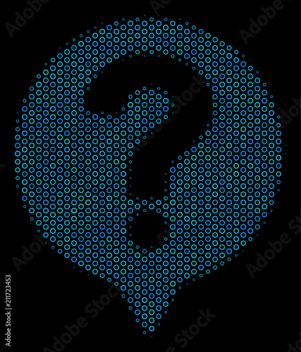 Halftone Help balloon composition icon of spheric bubbles in blue color hues on a black background. Vector spheric dots are grouped into help balloon composition.