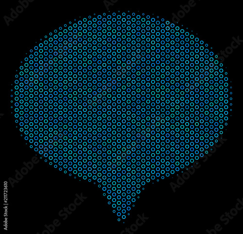 Halftone Hint collage icon of spheric bubbles in blue color hues on a black background. Vector spheric points are composed into hint collage.