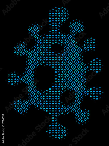 Halftone Infection cell mosaic icon of spheric bubbles in blue color tones on a black background. Vector circle bubbles are combined into infection cell mosaic.