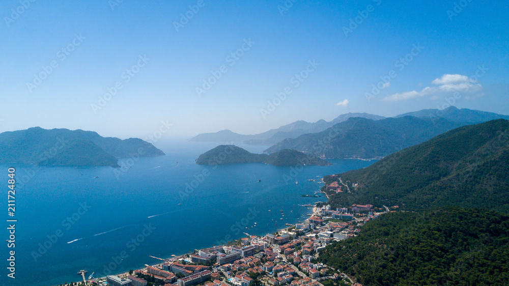Aerial photo of Marmaris bay with beautiful mountains and island on the background, a lot of yacht and sailboat