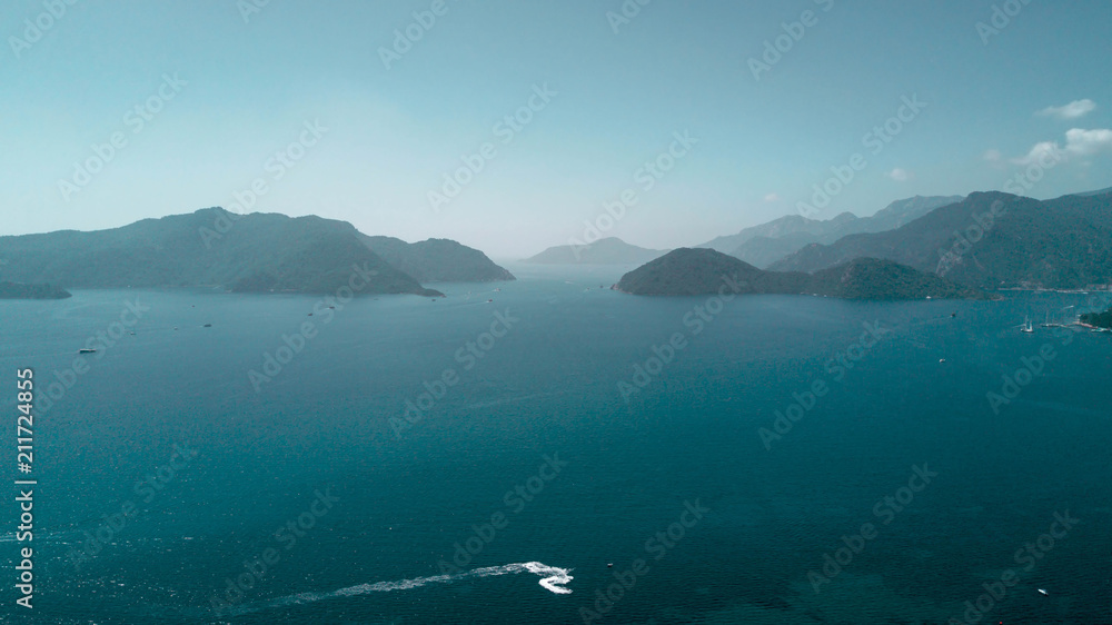 View from drone on marmaris bay with lots of yachts and sailboats