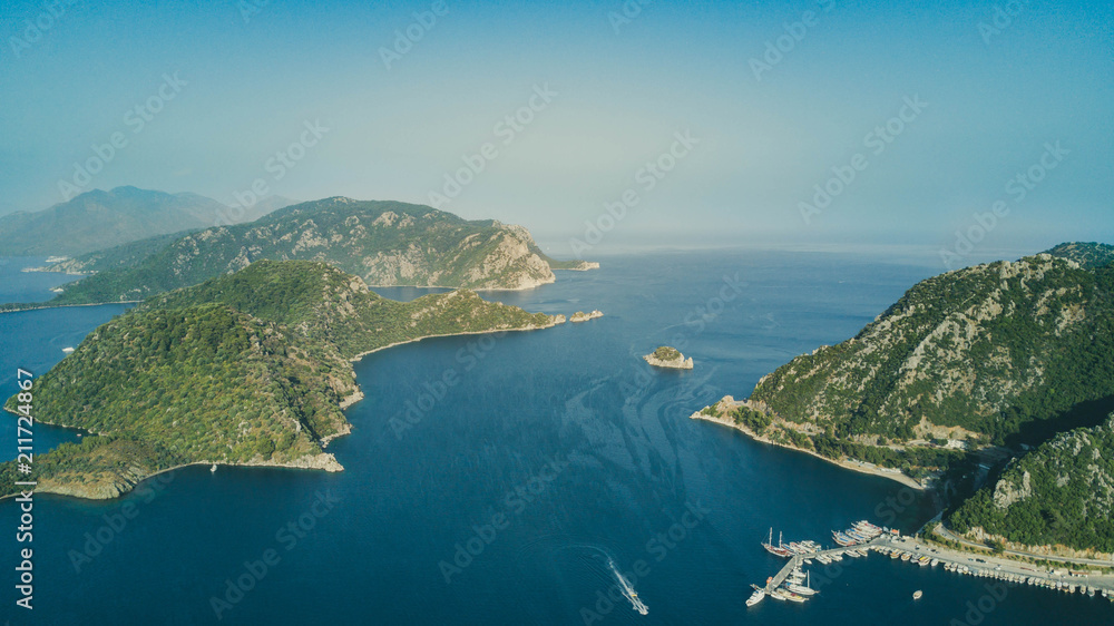 View from drone on marmaris bay with lots of yachts and sailboats