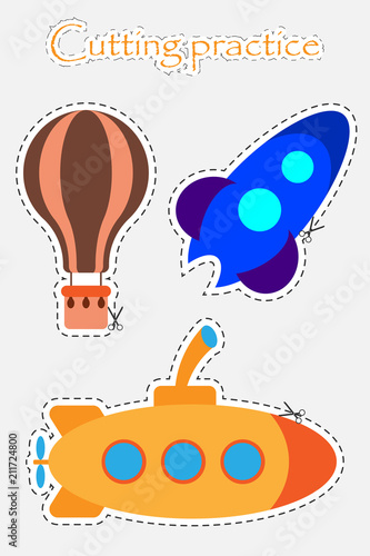 Air balloon, rocket and submarine in cartoon style, cutting practice, education game for the development of preschool children, use scissors, cut the images, vector illustration