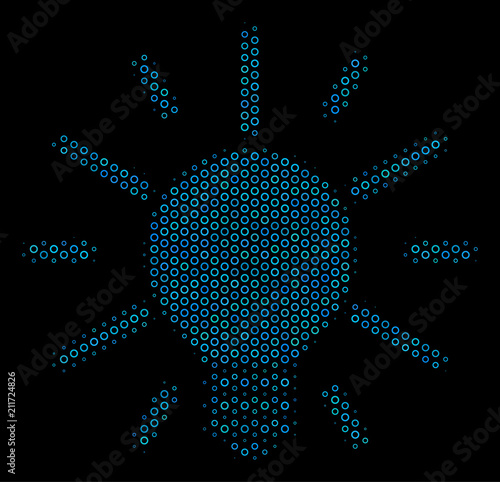 Halftone Light bulb composition icon of circle elements in blue shades on a black background. Vector circle bubbles are grouped into light bulb mosaic. photo