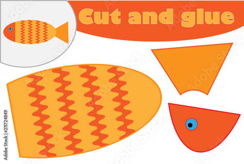 Fish in cartoon style, education game for the development of preschool children, use scissors and glue to create the applique, cut parts of the image and glue on the paper, vector illustration