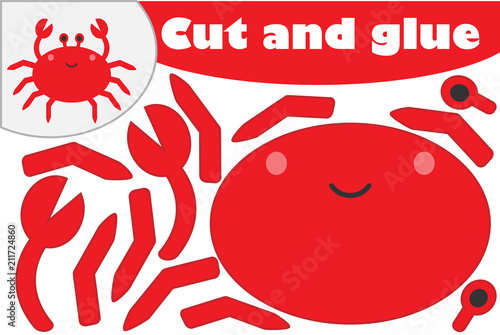 Crab in cartoon style, education game for the development of preschool children, use scissors and glue to create the applique, cut parts of the image and glue on the paper, vector illustration