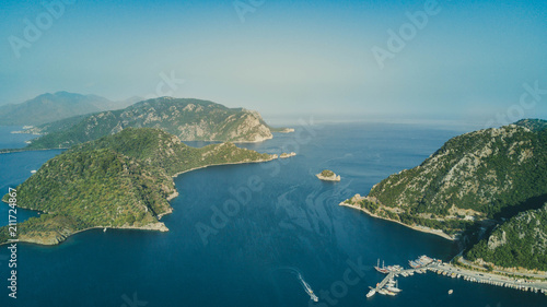 View from drone on marmaris bay with lots of yachts and sailboats