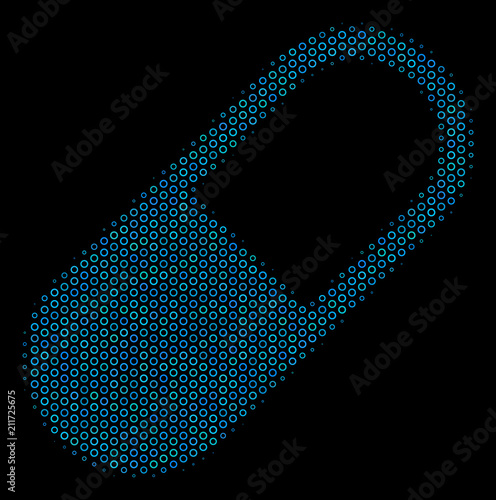 Halftone Medication granule composition icon of spheric bubbles in blue color hues on a black background. Vector circle bubbles are organized into medication granule composition.