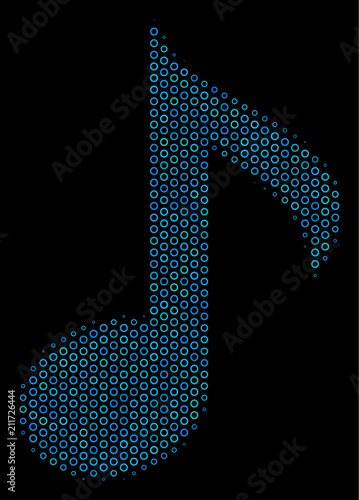 Halftone Musical note composition icon of circle elements in blue color tints on a black background. Vector spheric parts are grouped into musical note composition.