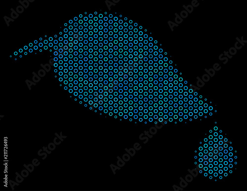 Halftone Natural leaf with drop mosaic icon of empty circles in blue color tints on a black background. Vector empty circles are arranged into natural leaf with drop illustration.