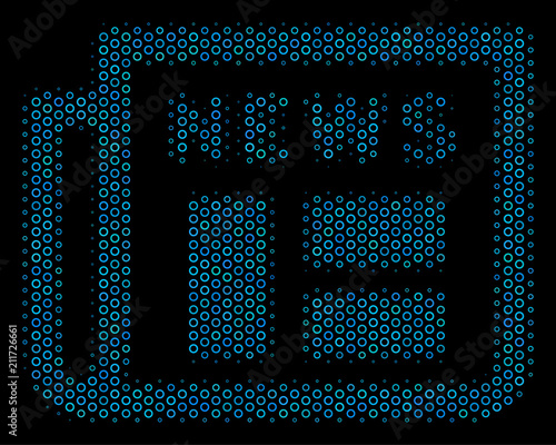 Halftone Newspaper composition icon of spheric bubbles in blue color hues on a black background. Vector spheric points are grouped into newspaper composition.