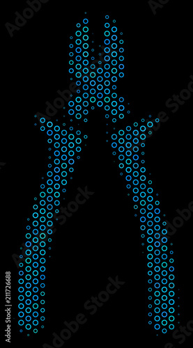 Halftone Nippers mosaic icon of empty circles in blue color hues on a black background. Vector empty circles are united into nippers collage.