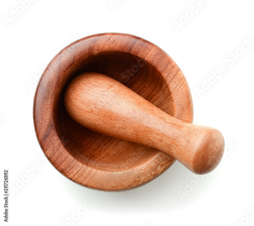 Tela Top view of wooden mortar and pestle