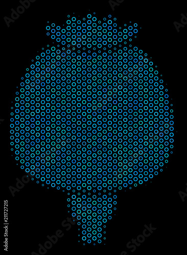 Halftone Opium poppy mosaic icon of circle bubbles in blue color tints on a black background. Vector circle bubbles are united into opium poppy mosaic.