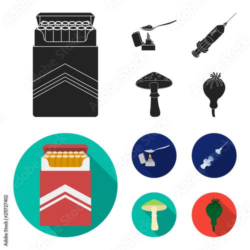 Cigarettes, a syringe, a galoyucinogenic fungus, heroin in a spoon.Drug set collection icons in black, flat style vector symbol stock illustration web.
