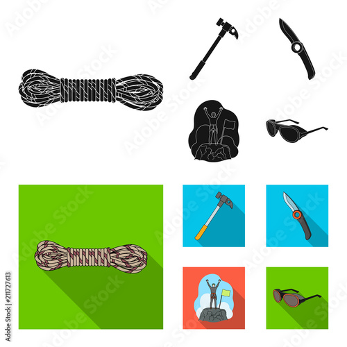 Climber on conquered top, coil of rope, knife, hammer.Mountaineering set collection icons in black, flat style vector symbol stock illustration web.