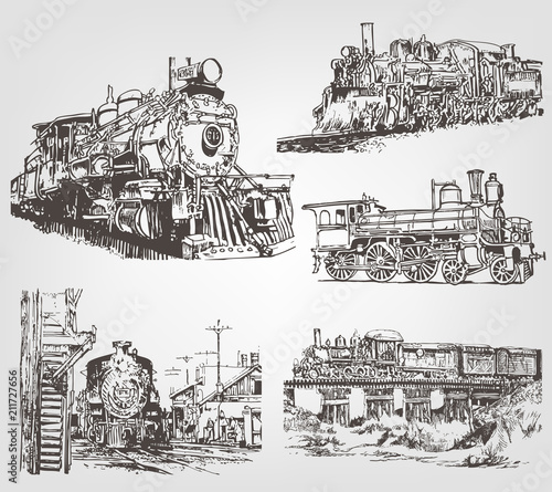 Set of Graphic Sketches of Locomotives. Retro Vector illustration