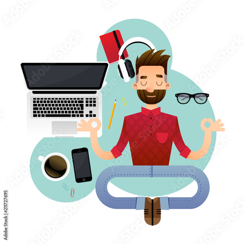 Vector illustration of a super professional programmer or project manager. Funny cartoon character of a person in a yoga pose.