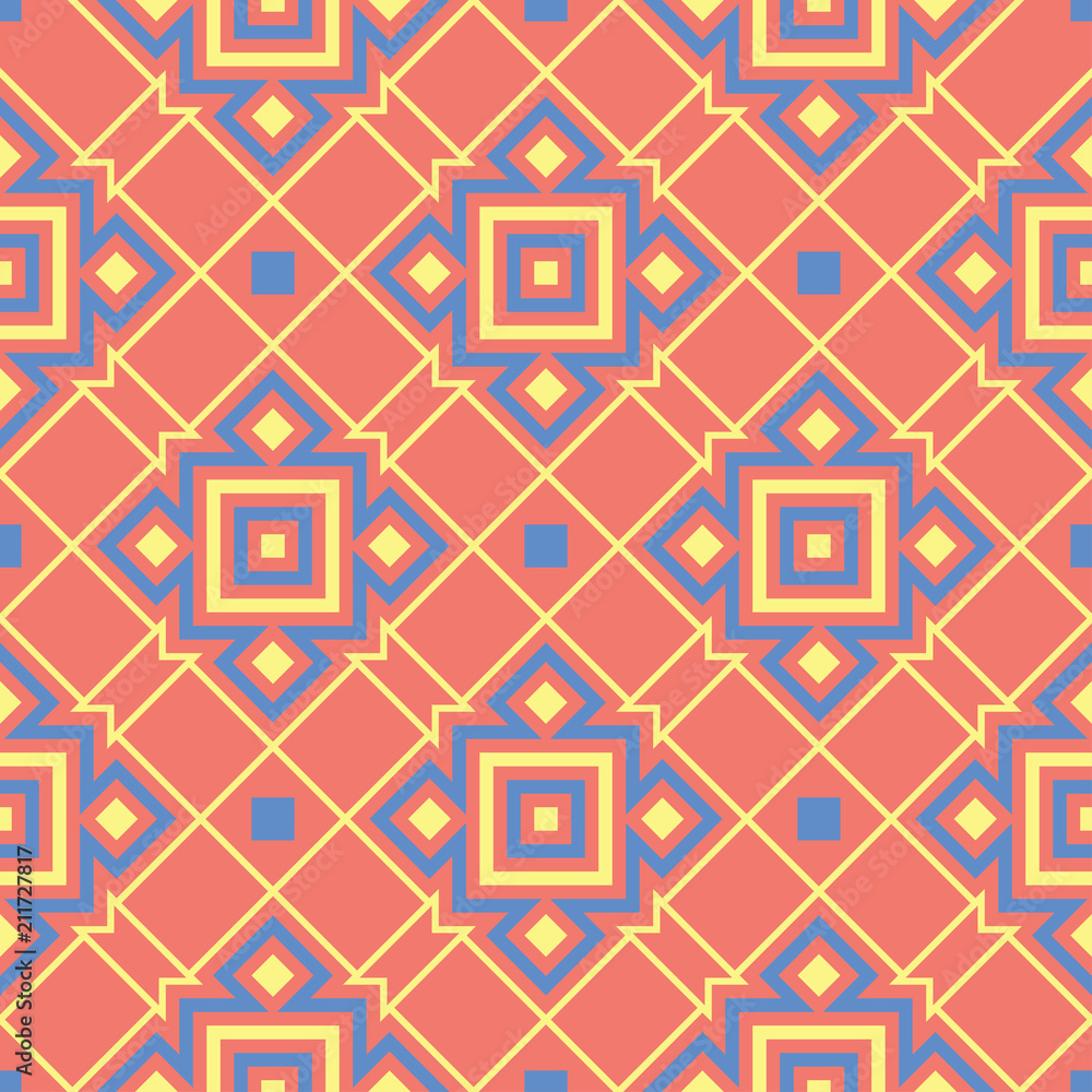 Geometric red orange seamless pattern. Bright background with blue and yellow design Geometric red orange seamless pattern. Bright background with blue and yellow design