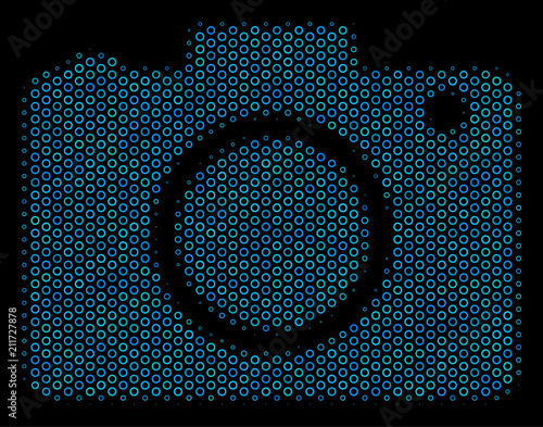 Halftone Photo camera collage icon of circle bubbles in blue color tones on a black background. Vector bubble spheres are grouped into photo camera collage.