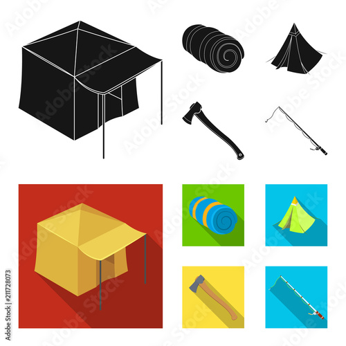 Tent with awning, ax and other accessories.Tent set collection icons in black,flat style vector symbol stock illustration web.