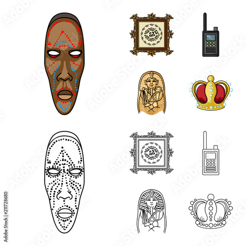 Picture, sarcophagus of the pharaoh, walkie-talkie, crown. Museum set collection icons in cartoon,outline style vector symbol stock illustration web.