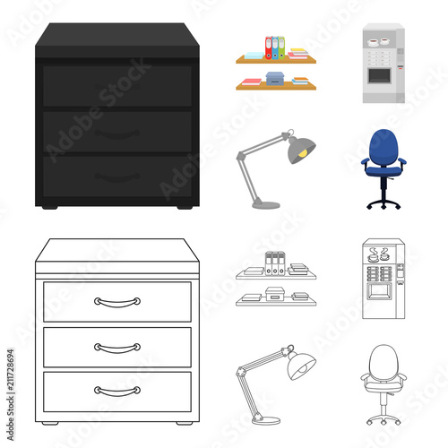 Shelves, folders and notebooks with business records, a coffee machine with cups, an armchair with a backrest on wheels, a desk lamp. Office Furniture set collection icons in cartoon,outline style