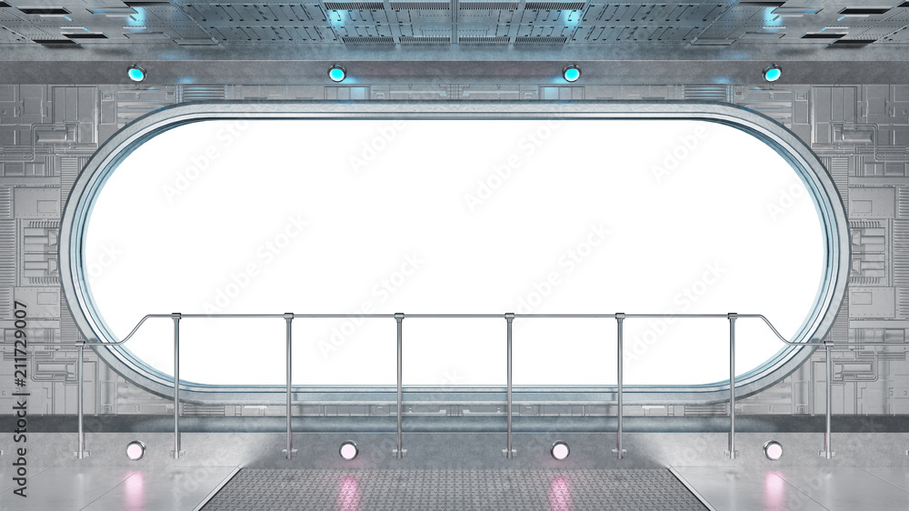 Naklejka premium White tech spaceship round window interior background 3D rendering