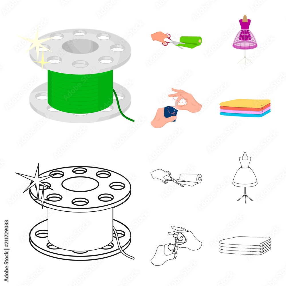 Fabric, scissors for cutting fabrics, hand sewing, dummy for clothes. Sewing  and equipment set collection icons in cartoon,flat style vector symbol  stock illustration web., Stock vector