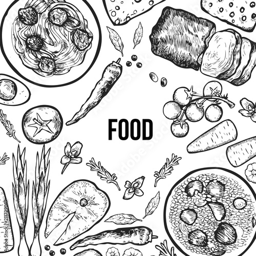 Food painted on a white background. Pilaf, spaghetti and pie. 