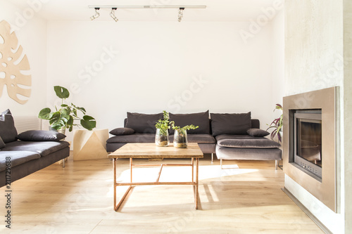 Stylish scandinavian interior with design sofa, wooden table and fireplace. Bright and sunny room with plants and brown wooden floor.