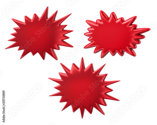 Three red starburst speech bubbles 3d illustration on white background photo