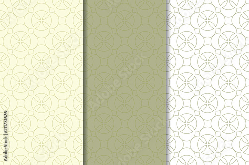 Olive green and white set of geometric seamless patterns